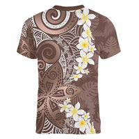 Mocha Mousse Polynesian Tribal Frangipani Tropical Vibe Women V-Neck T-Shirt