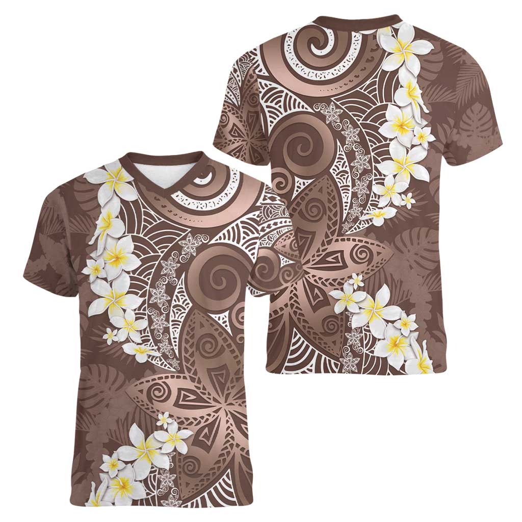 Mocha Mousse Polynesian Tribal Frangipani Tropical Vibe Women V-Neck T-Shirt