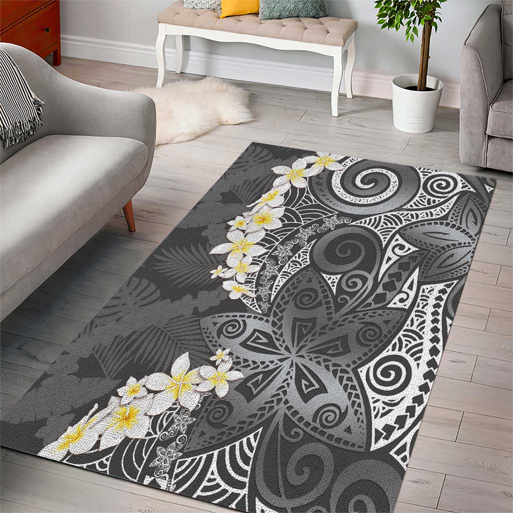 Gray Polynesian Tribal Frangipani Tropical Vibe Area Rug
