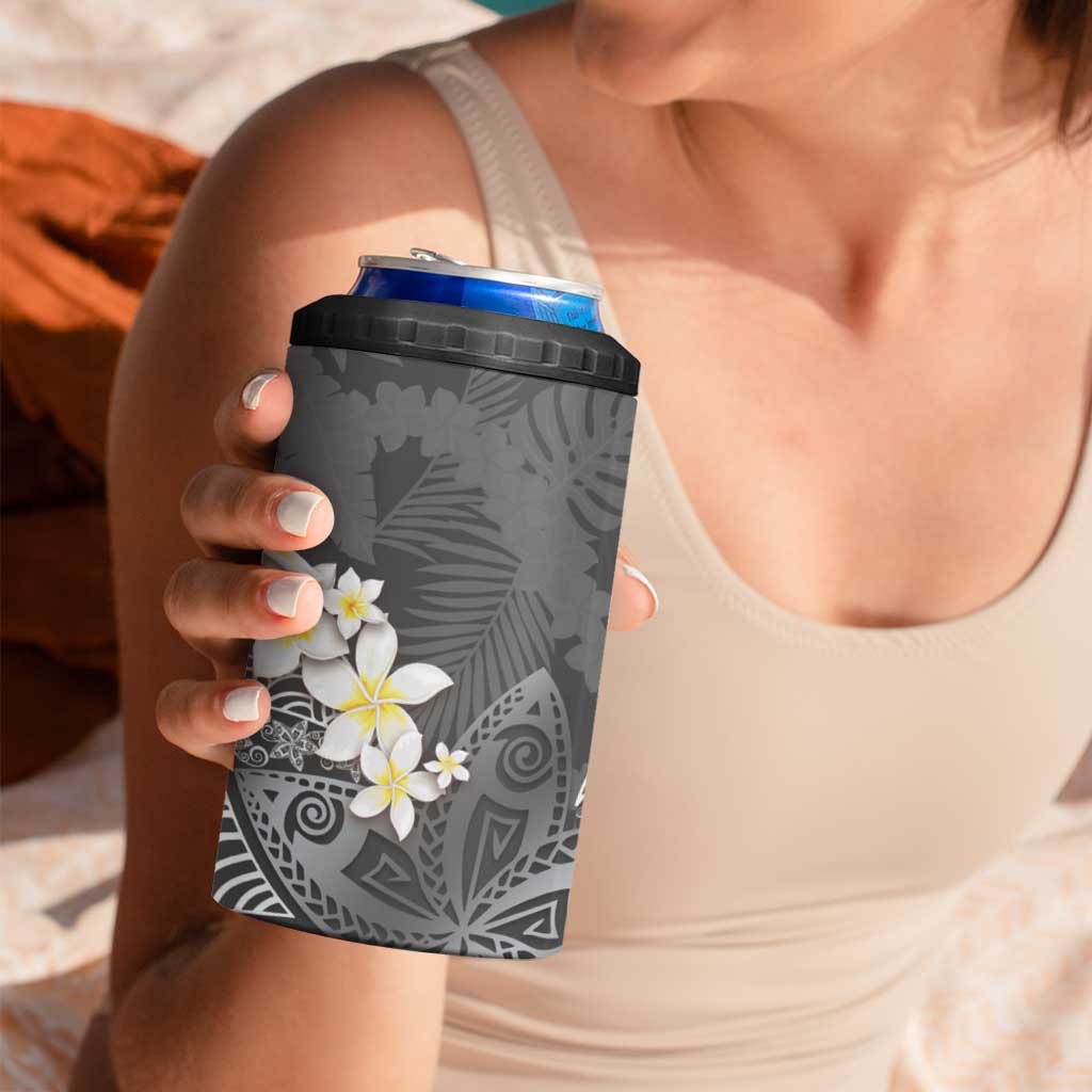 Gray Polynesian Tribal Frangipani Tropical Vibe 4 in 1 Can Cooler Tumbler