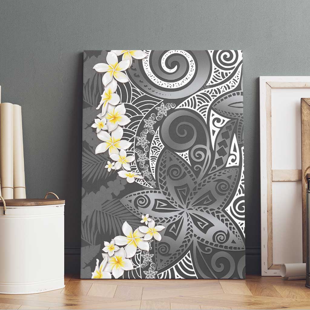 Gray Polynesian Tribal Frangipani Tropical Vibe Canvas Wall Art