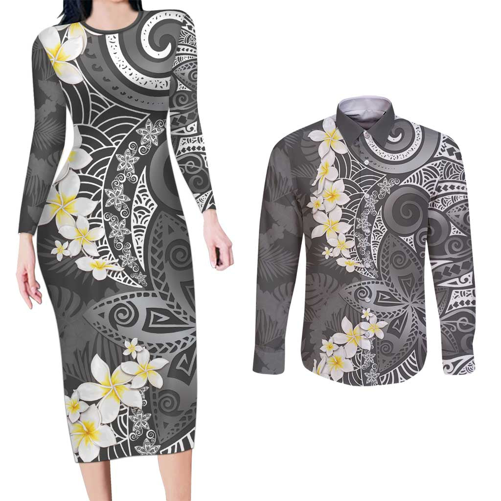 Gray Polynesian Tribal Frangipani Tropical Vibe Couples Matching Long Sleeve Bodycon Dress and Long Sleeve Button Shirt