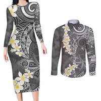 Gray Polynesian Tribal Frangipani Tropical Vibe Couples Matching Long Sleeve Bodycon Dress and Long Sleeve Button Shirt