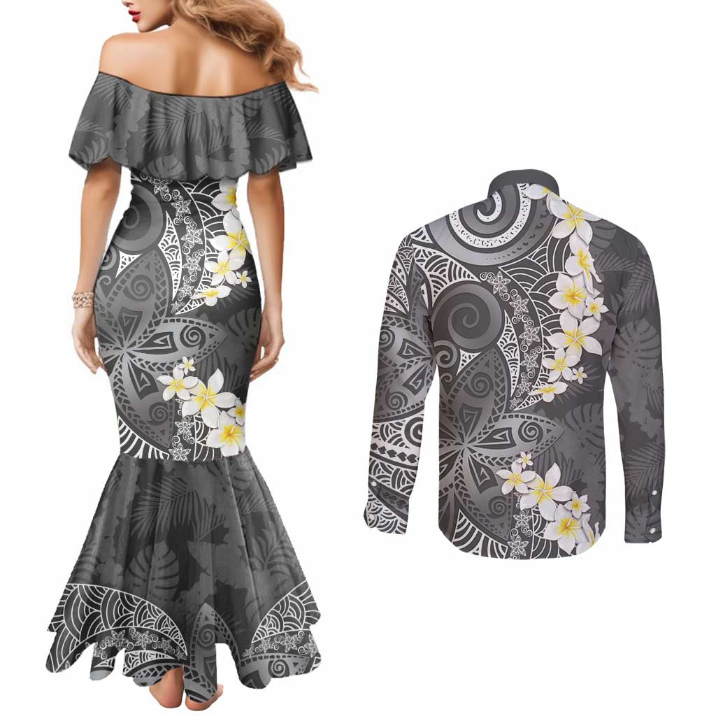 Gray Polynesian Tribal Frangipani Tropical Vibe Couples Matching Mermaid Dress and Long Sleeve Button Shirt