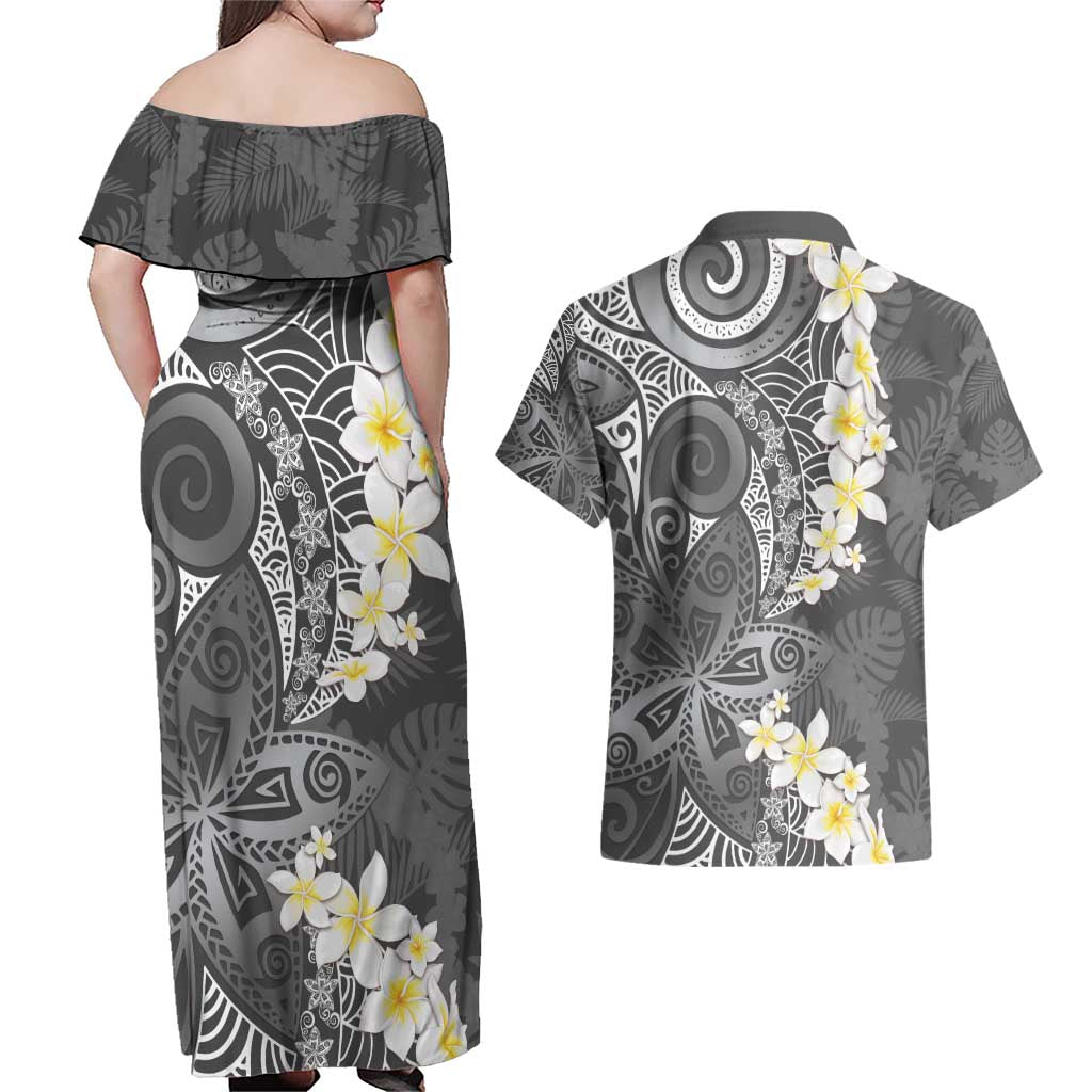 Gray Polynesian Tribal Frangipani Tropical Vibe Couples Matching Off Shoulder Maxi Dress and Hawaiian Shirt