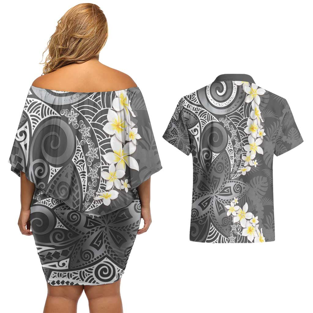 Gray Polynesian Tribal Frangipani Tropical Vibe Couples Matching Off Shoulder Short Dress and Hawaiian Shirt