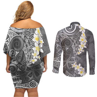Gray Polynesian Tribal Frangipani Tropical Vibe Couples Matching Off Shoulder Short Dress and Long Sleeve Button Shirt