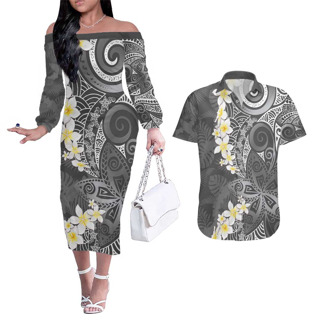 Gray Polynesian Tribal Frangipani Tropical Vibe Couples Matching Off The Shoulder Long Sleeve Dress and Hawaiian Shirt