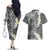 Gray Polynesian Tribal Frangipani Tropical Vibe Couples Matching Off The Shoulder Long Sleeve Dress and Hawaiian Shirt