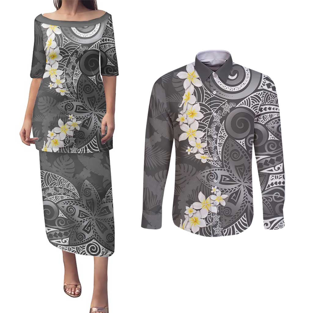 Gray Polynesian Tribal Frangipani Tropical Vibe Couples Matching Puletasi and Long Sleeve Button Shirt