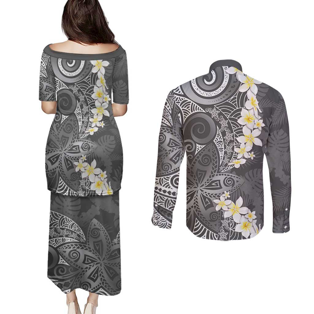 Gray Polynesian Tribal Frangipani Tropical Vibe Couples Matching Puletasi and Long Sleeve Button Shirt