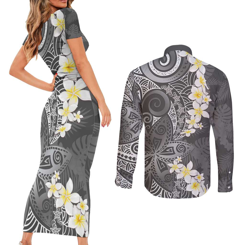 Gray Polynesian Tribal Frangipani Tropical Vibe Couples Matching Short Sleeve Bodycon Dress and Long Sleeve Button Shirt