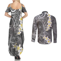 Gray Polynesian Tribal Frangipani Tropical Vibe Couples Matching Summer Maxi Dress and Long Sleeve Button Shirt