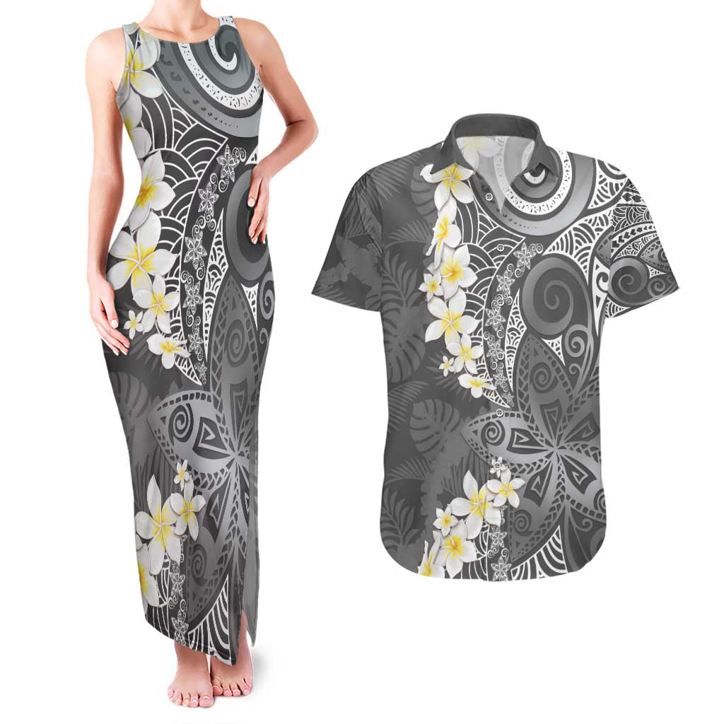 Gray Polynesian Tribal Frangipani Tropical Vibe Couples Matching Tank Maxi Dress and Hawaiian Shirt