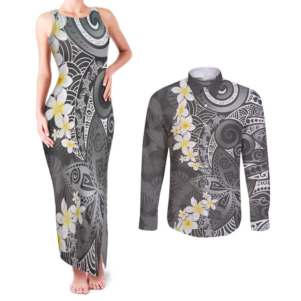 Gray Polynesian Tribal Frangipani Tropical Vibe Couples Matching Tank Maxi Dress and Long Sleeve Button Shirt