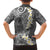 Gray Polynesian Tribal Frangipani Tropical Vibe Family Matching Off The Shoulder Long Sleeve Dress and Hawaiian Shirt