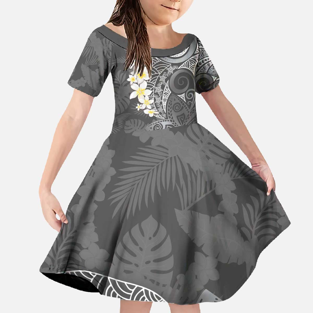 Gray Polynesian Tribal Frangipani Tropical Vibe Family Matching Off The Shoulder Long Sleeve Dress and Hawaiian Shirt