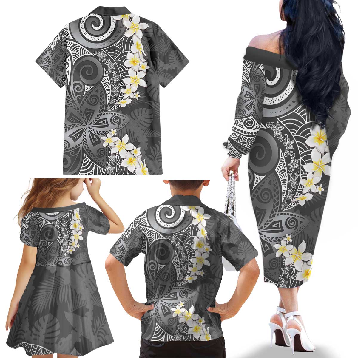 Gray Polynesian Tribal Frangipani Tropical Vibe Family Matching Off The Shoulder Long Sleeve Dress and Hawaiian Shirt