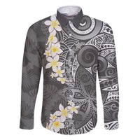 Gray Polynesian Tribal Frangipani Tropical Vibe Family Matching Off The Shoulder Long Sleeve Dress and Hawaiian Shirt