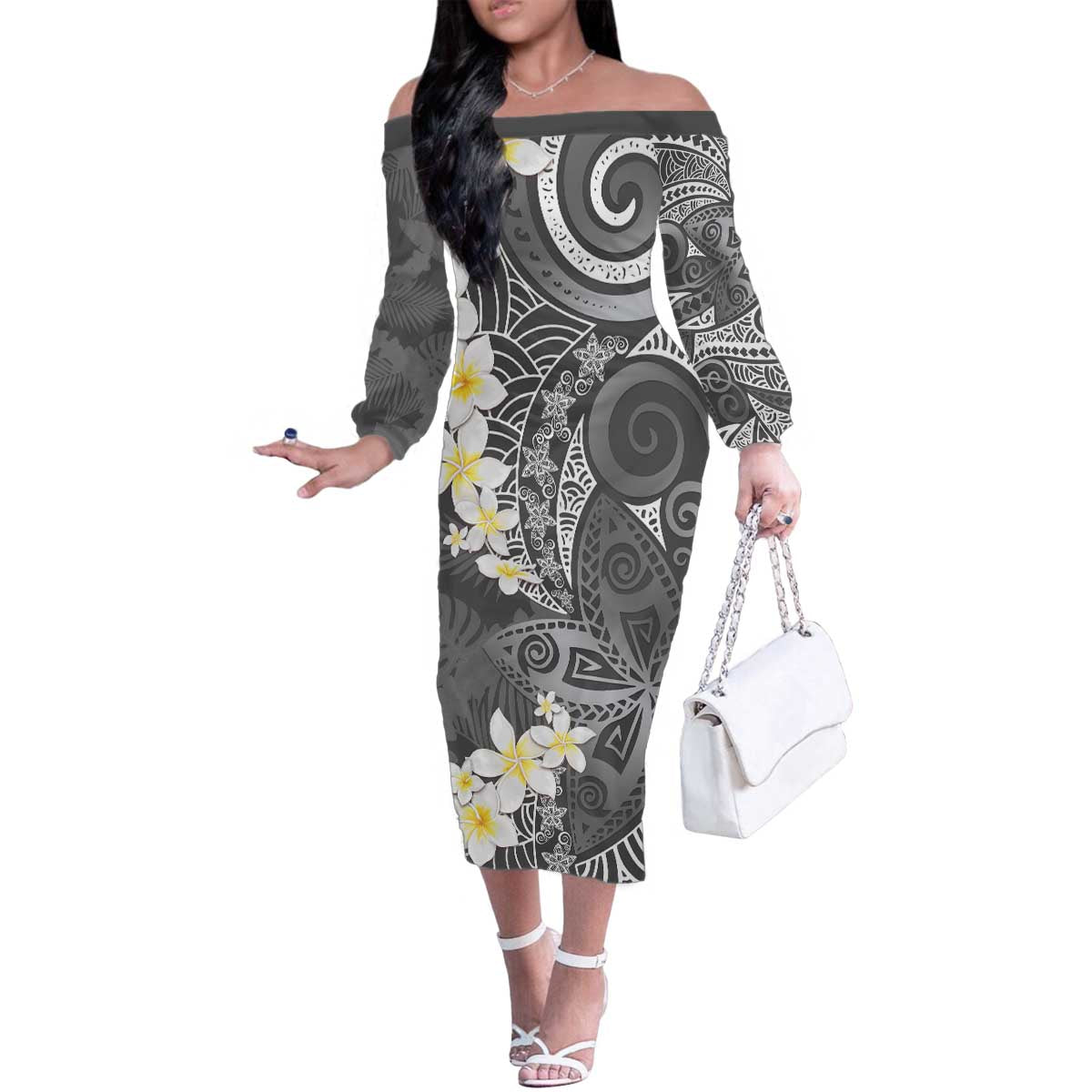 Gray Polynesian Tribal Frangipani Tropical Vibe Family Matching Off The Shoulder Long Sleeve Dress and Hawaiian Shirt