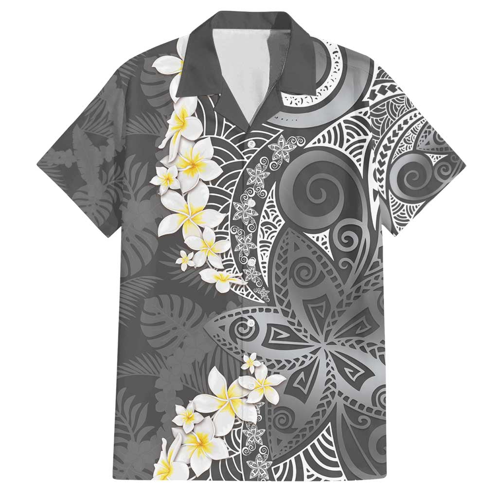 Gray Polynesian Tribal Frangipani Tropical Vibe Family Matching Puletasi and Hawaiian Shirt