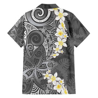 Gray Polynesian Tribal Frangipani Tropical Vibe Family Matching Puletasi and Hawaiian Shirt