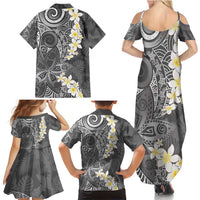 Gray Polynesian Tribal Frangipani Tropical Vibe Family Matching Summer Maxi Dress and Hawaiian Shirt