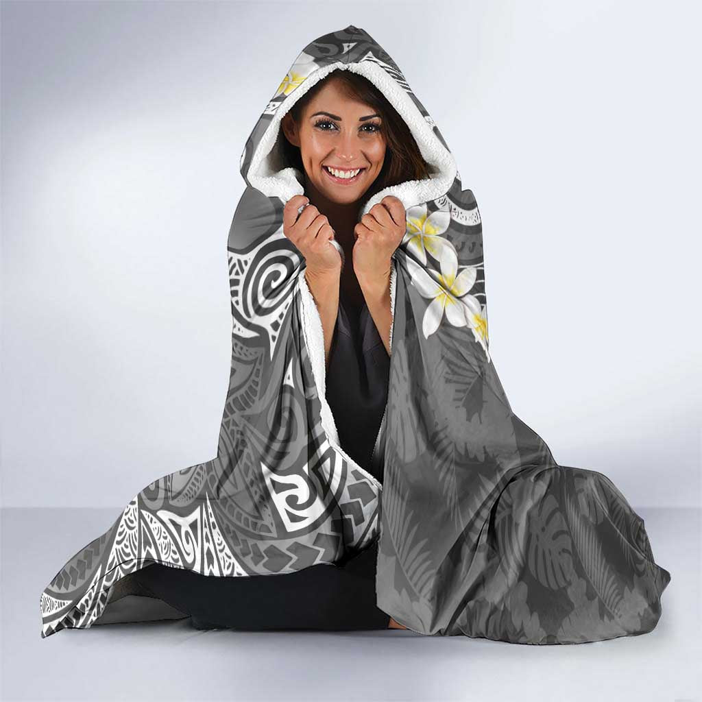 Gray Polynesian Tribal Frangipani Tropical Vibe Hooded Blanket