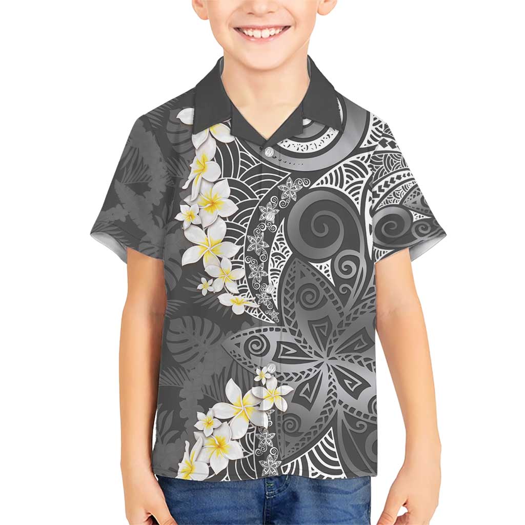 Gray Polynesian Tribal Frangipani Tropical Vibe Kid Hawaiian Shirt