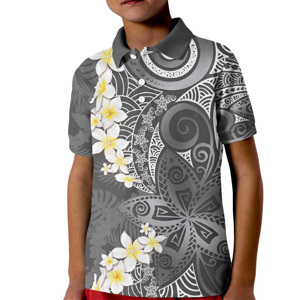 Gray Polynesian Tribal Frangipani Tropical Vibe Kid Polo Shirt
