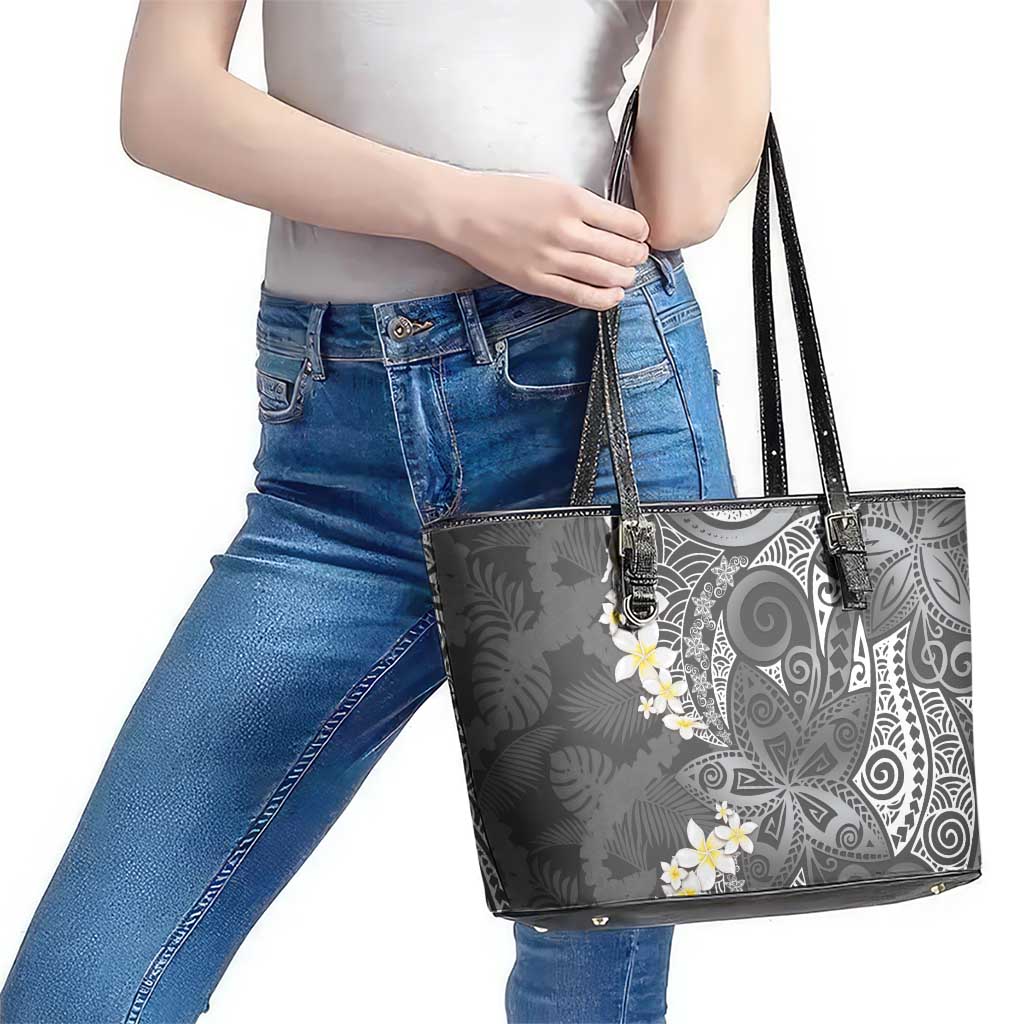 Gray Polynesian Tribal Frangipani Tropical Vibe Leather Tote Bag