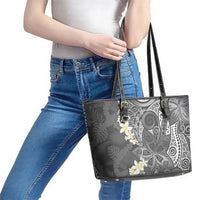 Gray Polynesian Tribal Frangipani Tropical Vibe Leather Tote Bag