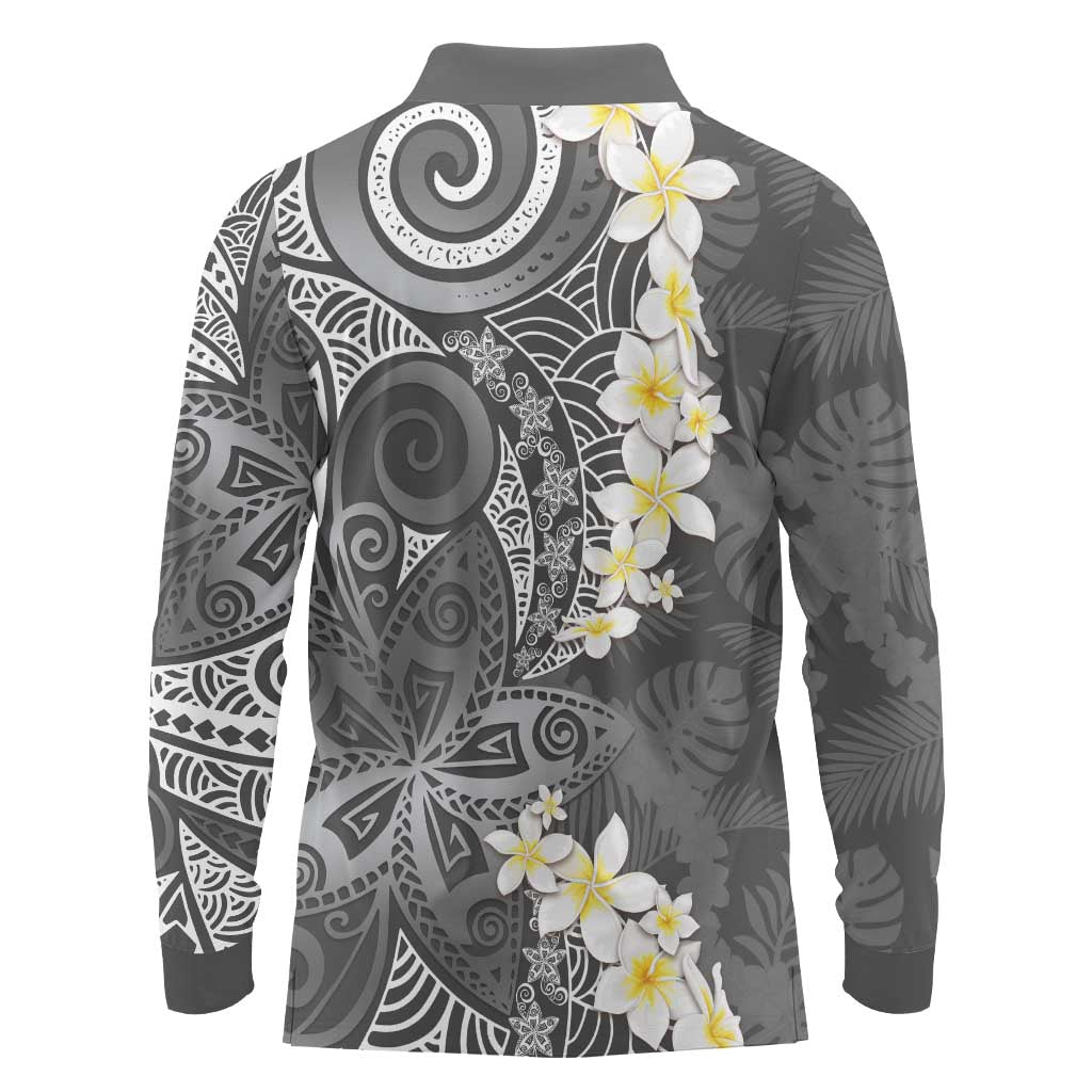 Gray Polynesian Tribal Frangipani Tropical Vibe Long Sleeve Polo Shirt