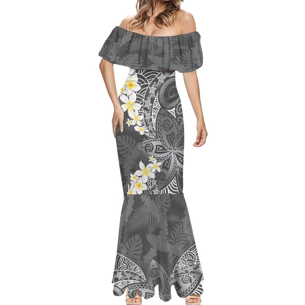 Gray Polynesian Tribal Frangipani Tropical Vibe Mermaid Dress