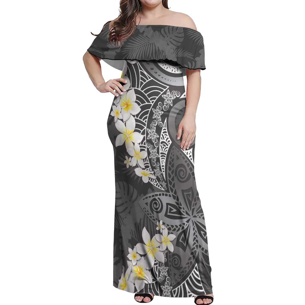 Gray Polynesian Tribal Frangipani Tropical Vibe Off Shoulder Maxi Dress