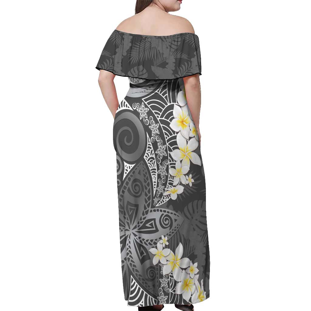Gray Polynesian Tribal Frangipani Tropical Vibe Off Shoulder Maxi Dress