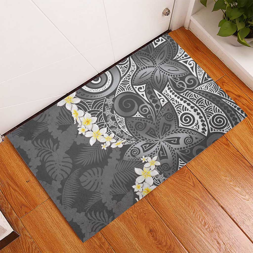 Gray Polynesian Tribal Frangipani Tropical Vibe Rubber Doormat