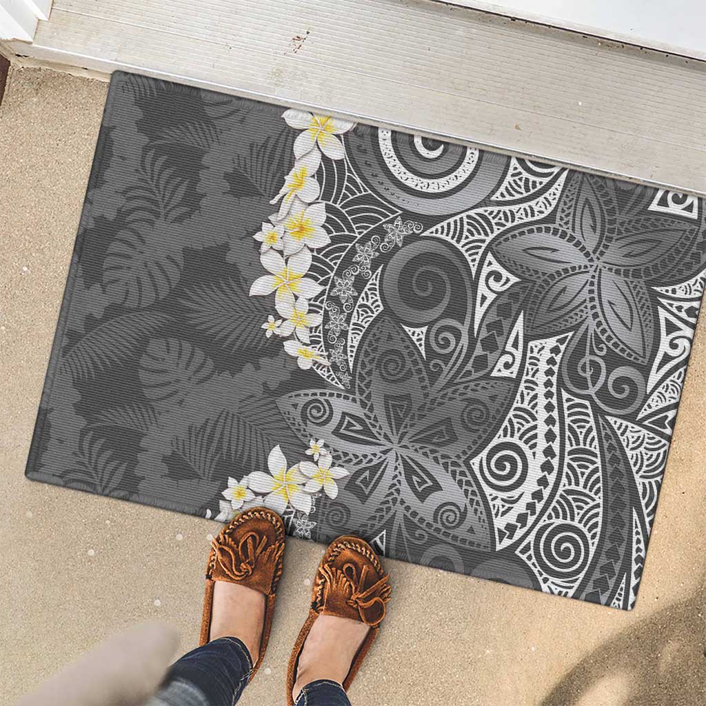 Gray Polynesian Tribal Frangipani Tropical Vibe Rubber Doormat