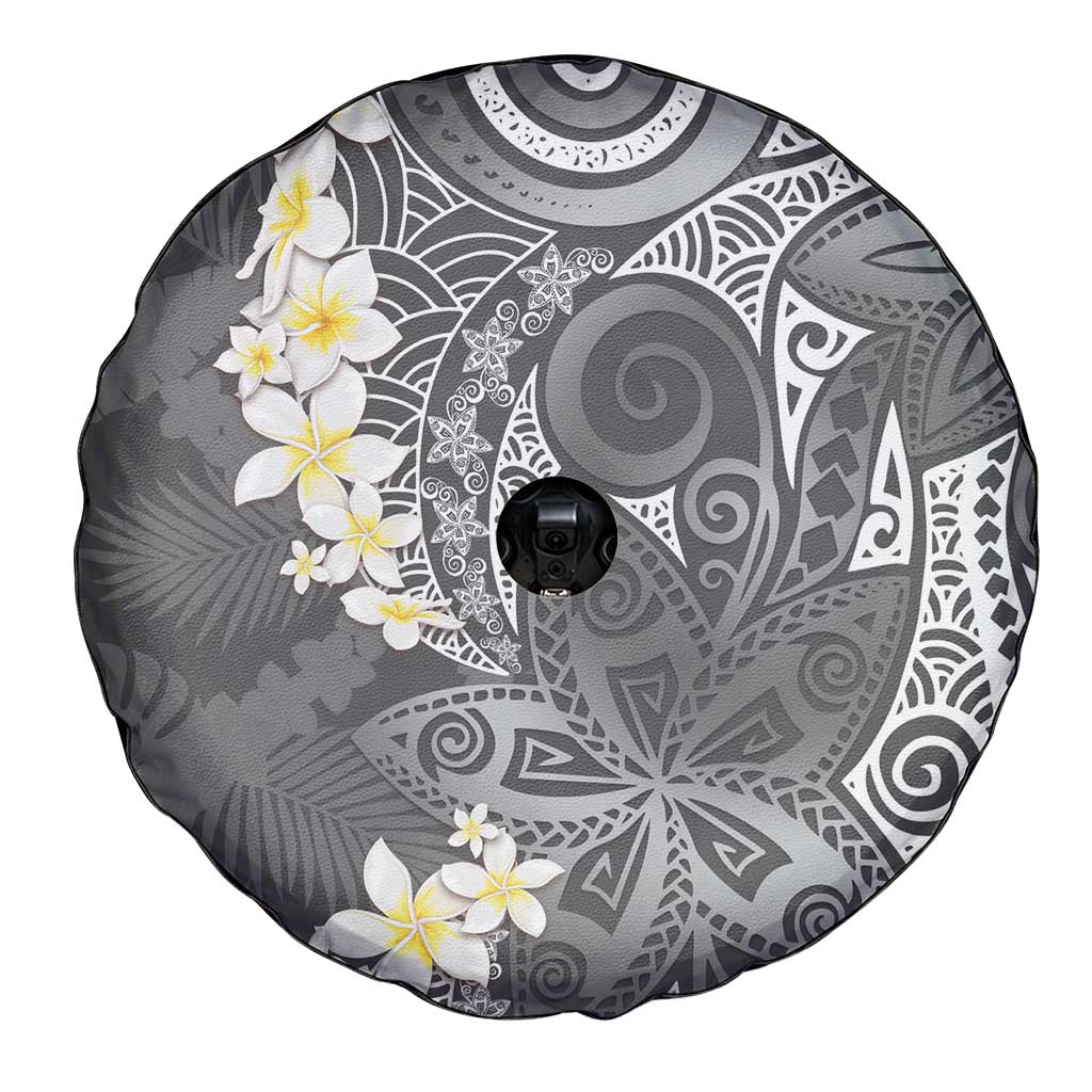 Gray Polynesian Tribal Frangipani Tropical Vibe Spare Tire Cover