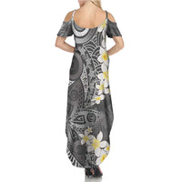 Gray Polynesian Tribal Frangipani Tropical Vibe Summer Maxi Dress