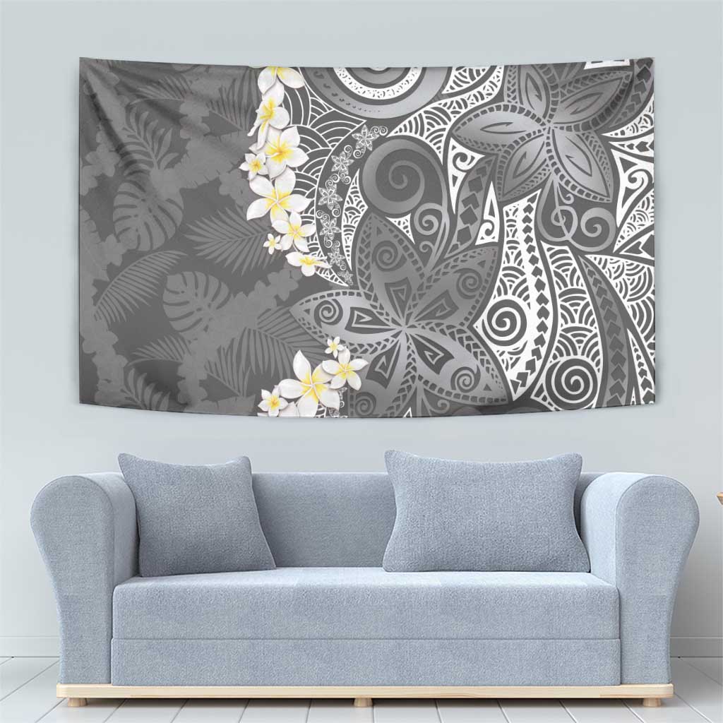 Gray Polynesian Tribal Frangipani Tropical Vibe Tapestry