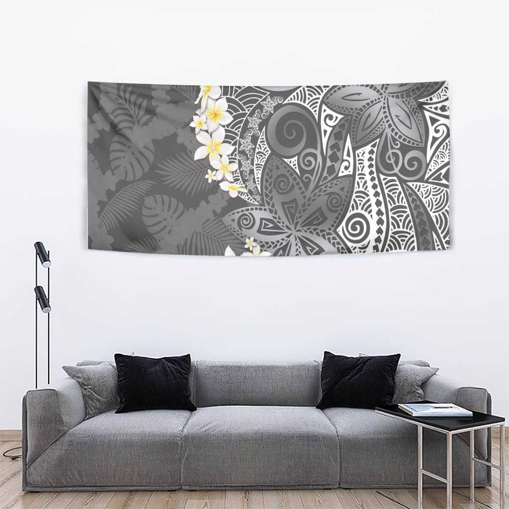 Gray Polynesian Tribal Frangipani Tropical Vibe Tapestry