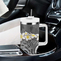 Gray Polynesian Tribal Frangipani Tropical Vibe Tumbler With Handle