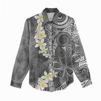 Gray Polynesian Tribal Frangipani Tropical Vibe Women Casual Shirt
