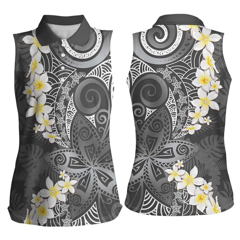 Gray Polynesian Tribal Frangipani Tropical Vibe Women Sleeveless Polo Shirt