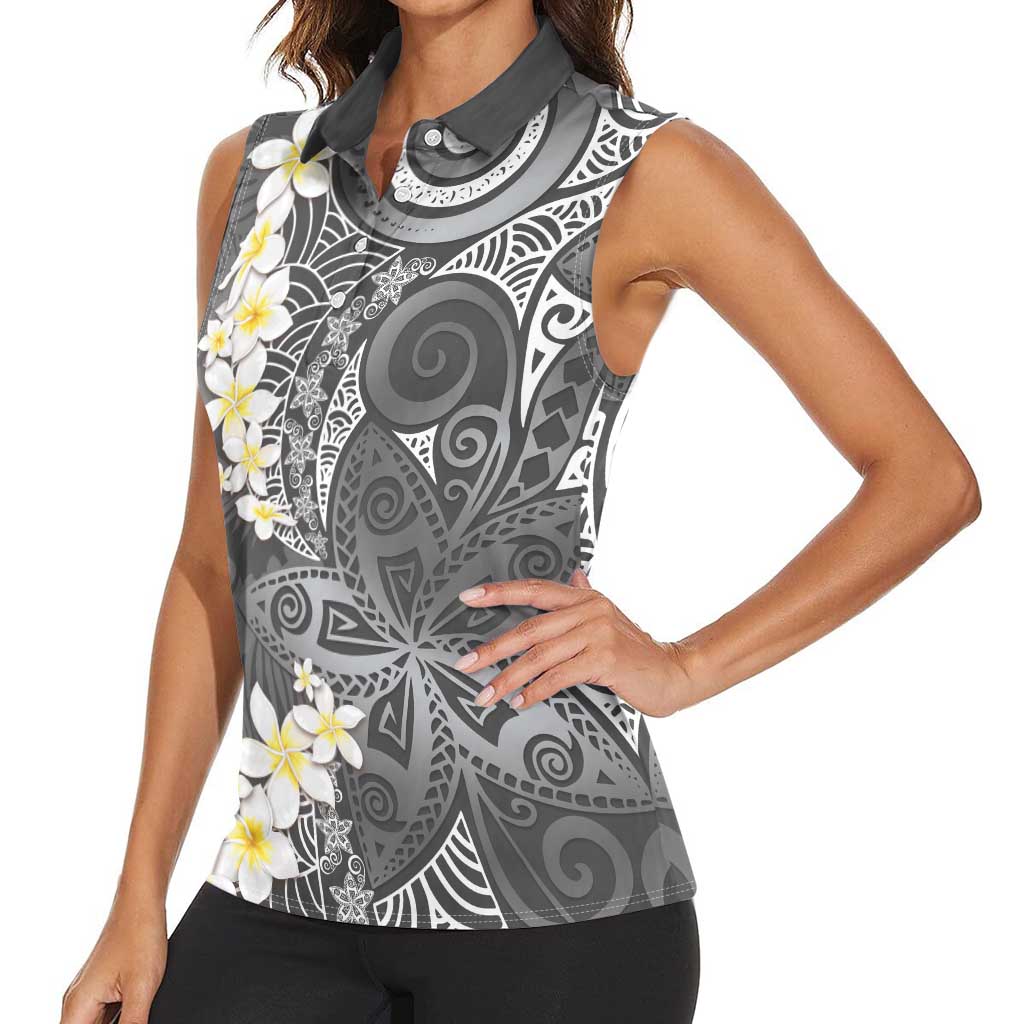 Gray Polynesian Tribal Frangipani Tropical Vibe Women Sleeveless Polo Shirt