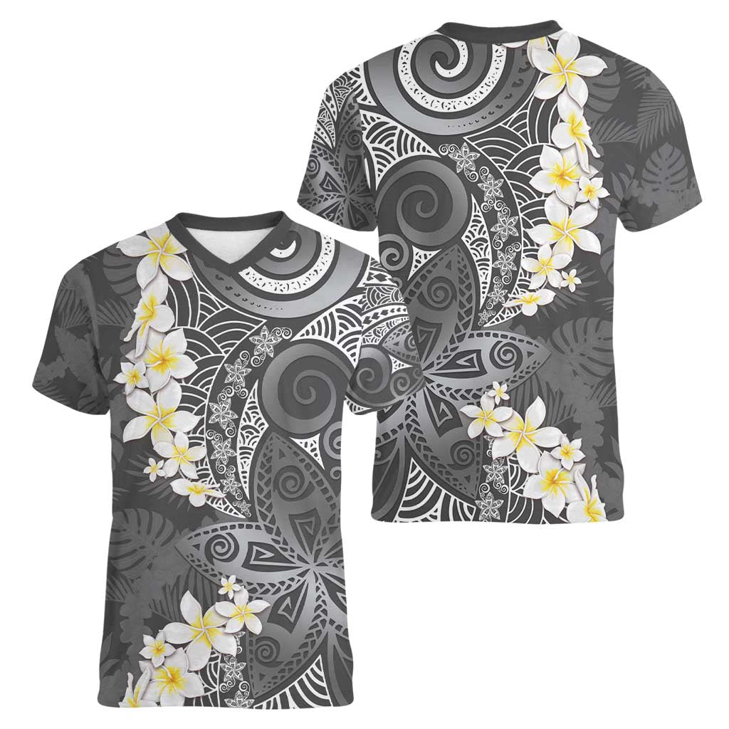 Gray Polynesian Tribal Frangipani Tropical Vibe Women V-Neck T-Shirt