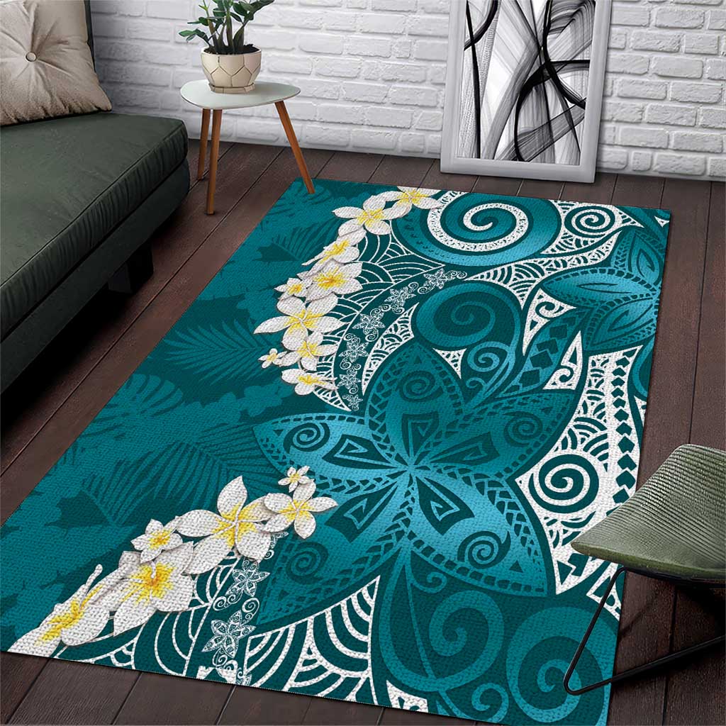 Cyan Polynesian Tribal Frangipani Tropical Vibe Area Rug