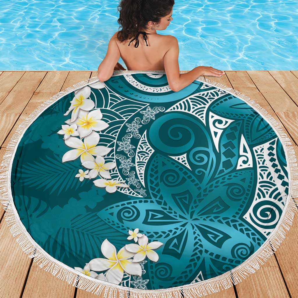 Cyan Polynesian Tribal Frangipani Tropical Vibe Beach Blanket