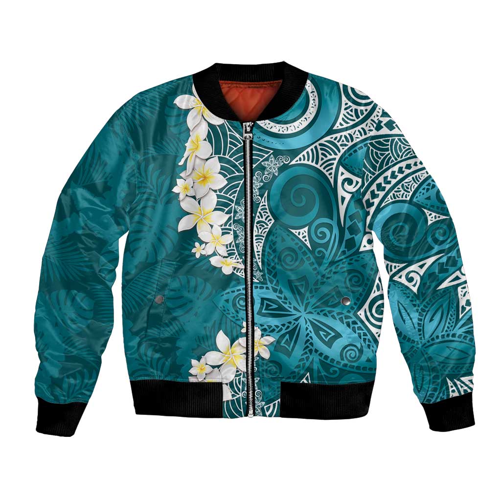 Cyan Polynesian Tribal Frangipani Tropical Vibe Bomber Jacket